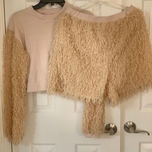 New Tan feather fringe crop short set